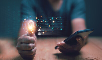 Innovation for protection from digital cybercrime. Businessman fingerprint scan and biometric authentication, Concept of surveillance and security scan for digital cyber futuristic applications.