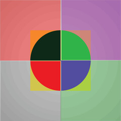 Obraz premium Four Color Quadrant, Concentric Circles and Square, Multicolor Geometric Design