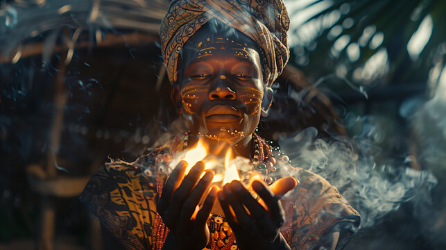 tribal chief holding fire in his hand