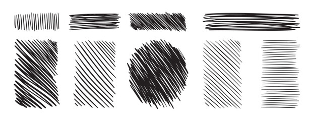 Doodle hand drawn hatching texture lines set. hatched strikethrough rectangle shapes. Diagonal, vertical, or parallel strokes. 