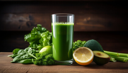 Fototapeta premium fresh and vibrant green juice in a tall glass surrounded by healthy ingredients on wooden surface