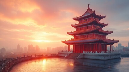 Obraz premium Sunset Over Traditional Architecture with Urban Skyline in the Background