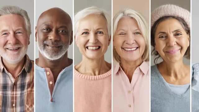 Collage of smiling senior adults showing diverse ethnicities and hair colors enjoying happy retirement with positive attitudes indoors.