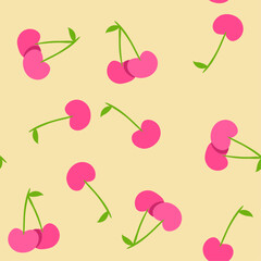 Seamless cherry pattern. Hand drawn colorful romantic print, pattern for textile, wrapping, packaging. Vector Illustration.
