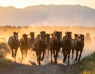 Majestic herd of wild horses running at sunset on dusty plains