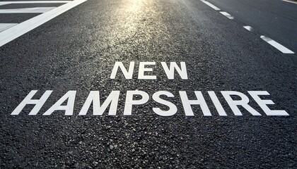 New hampshire highway marking on asphalt road at sunset