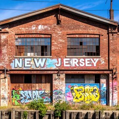 Obraz premium Graffiti adorned brick building with new jersey signage and vibrant urban art