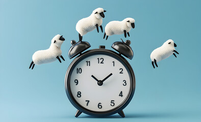 Cute Cartoon Sheep Jumping Over Alarm Clock on Blue Background Depicting Sleep, Counting Sheep and Dream Concept