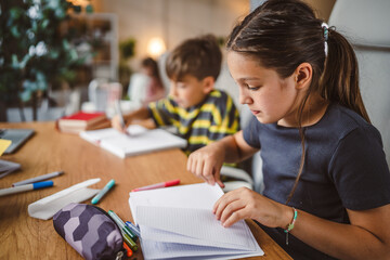 Naklejka premium school boy and girl write notes or homework in the notebook at home