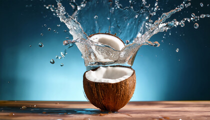 fresh coconut splashes into a glass of water creating a refreshing beverage scene perfect for summer and tropical inspirations