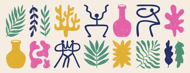 Nature abstract matisse style shapes set. Contemporary doodle art hand drawn silhouette branch, blobs, flowers, human body, leaves. 