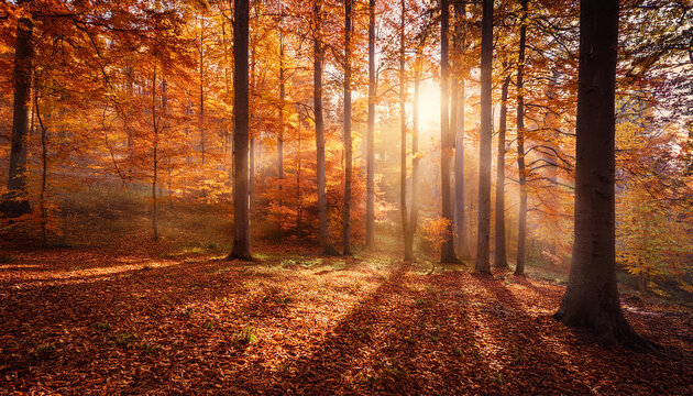 serene autumn forest with warm glow and dreamy atmosphere