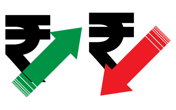Rupee value increase and decrease concept with arrow sign, Rupee value increase, Rupee value decrease