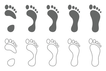 human foot prints simple bare feet print symbol silhouette footstep icon. Minimalist human footprint icon. Footprints symbol set, Footprints. Foot icon set. 