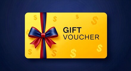 Gift Voucher Banner – yellow voucher card with bow and dollar signs, “Gift Voucher” text in modern vector style.