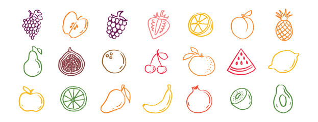 Plakat Fruit icons chalk hand drawn doodle set. Drawing crayon fruit