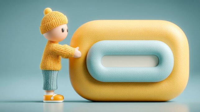 A cartoon character in a cozy outfit interacts with a large textured object featuring a centra