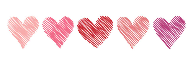 Pink and red scribble pen hatching hearts love icon. Romantic decorative elements. Symbol love, friendship or care, hand drawn doodle hearts set