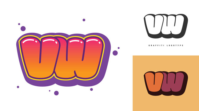 VW logo design for festival or party. Initial letter v and w in graffiti style. Creative modern lettering company name of font typography. Kids trendy logotype or identity.