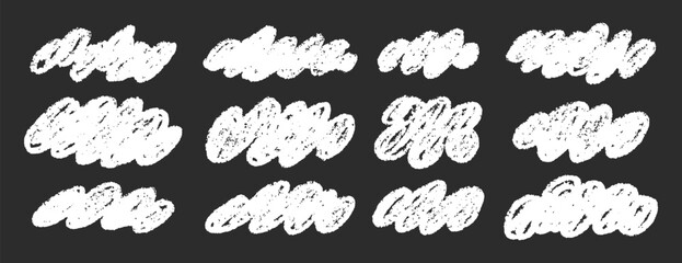 Fototapeta premium White clouds fluffy pencil chalk crayon hand drawn clouds kids style clipart. Childish naive clouds icons isolated. Rough cute pastel texture set