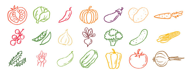 Vegetables icons chalk hand drawn doodle set. Drawing crayon vegetables 