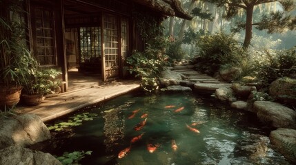 Serene Koi Pond Garden with Wooden House and Lush Greenery
