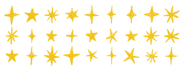 gold chalk crayon doodle stars set. Shine and sparkle hand drawn drawing collection. Children style yellow wax pencil elements. Grunge texture star shapes.