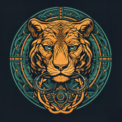 Stylized lion illustration with intricate patterns in vibrant colors  print