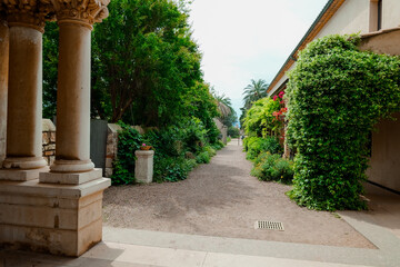 A narrow peaceful street lined with lush greenery and historic architecture, including stone columns and ivy-covered buildings. A charming and quiet scene evoking European village vibes.