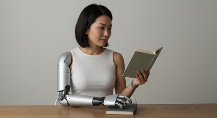 Naklejka premium Young Asian Woman with Bionic Prosthetic Arm Reading a Book - Concept of Technology, Future, Accessibility, and Human-Machine Integration in a Modern World.