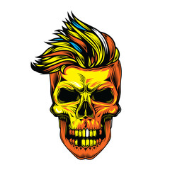Original illustration in retro style. Skull with hipster hairstyle. T-shirt design, design element.