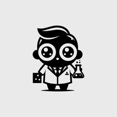 A charming cartoon vector logo silhouette of a scientist holding a test tube and a flask