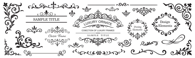 Elegant collection of vintage frames, borders, corners, and swirls. Perfect for wedding invitations, greeting cards, menus, certificates, luxury packaging, logos, labels, and retro design..eps