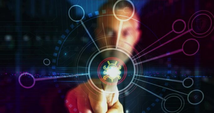 Antivirus cybersecurity warning symbol digital abstract 3d concept. Finger touch screen. Cyber technology and network background. Man pushes computer display.