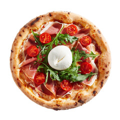 Pizza au fromage burrata, tomates cerises, roquette, jambon de Parme