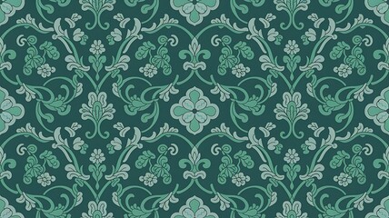 Seamless teal green damask pattern with floral motifs