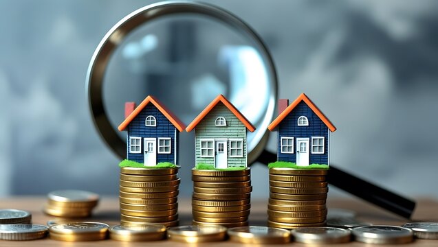Conceptual depiction of housing market analysis using house models and coins