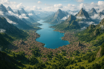 Stunning Fantasy Settlement Nestled Between Towering Mountains And Crystal Blue Lake