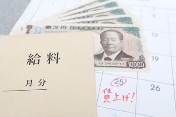 給料の賃上げ日に関するイメージ　カレンダーと封筒