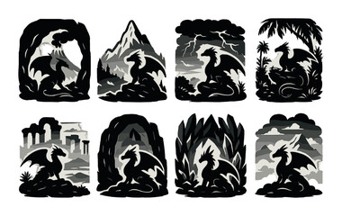 Dragon realm silhouette icons set – fantasy, mythical creature design symbols
