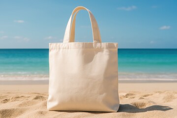 Blank Eco Cotton Tote Bag with Sea Background White Shopper Mock-up Summer Vacation