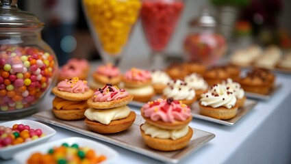 Fototapeta premium Delectable assortment of mini pastries and colorful candies on a dessert table