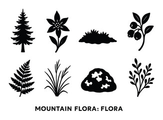 Mountain flora silhouette icons set – botanical, nature and plant symbols