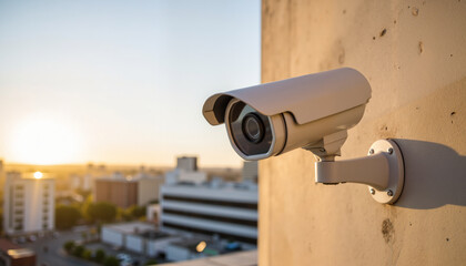 Security camera installed on a building overlooking the city skyline