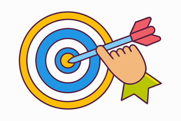 Hand aiming arrow at bullseye target achieving goal success