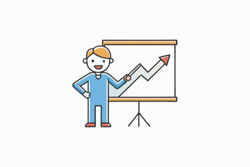 Happy businessman presenting upward trending graph on whiteboard