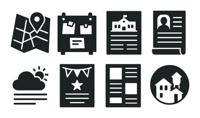 Local newspaper silhouette icons set – simple, news, media graphics
