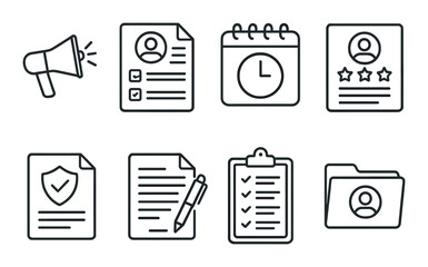 Hiring process outline icons set – linear, recruitment and employment symbols