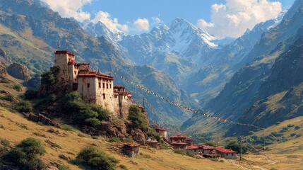 Fototapeta premium Majestic Mountain Fortress with Colorful Prayer Flags and SnowCapped Peaks in a Serene Valley
