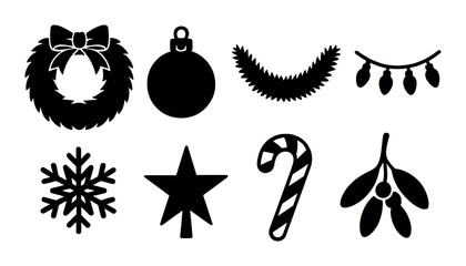 Christmas silhouette icons set – festive, holiday, seasonal decoration symbols